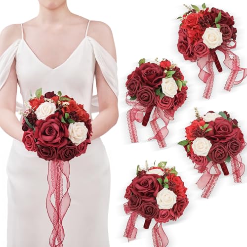 TINGE TIME Burgundy Bridesmaid Bouquets Set of 4 for Wedding Wedding Bouquets 7 Inch Artificial Silk Flowers Bridal Bouquets for Bridesmaids, Wedding Decor, Anniversary, Party - color: Burgundy Red