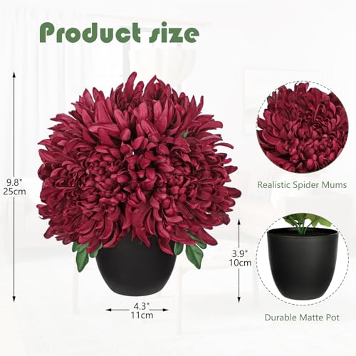 Briful Fake Mums Flower in Black Pot Realistic Silk Chrysanthemums Artificial Flowers Fall Mums for Home Decor Indoor Wedding Farmhouse Centerpiece Table, Burgundy - color: Burgundy