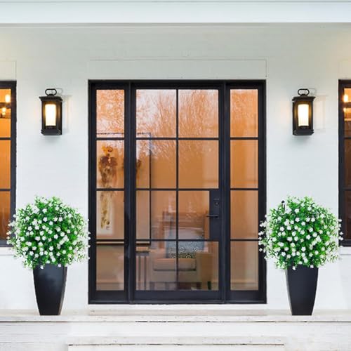 THKFUL Artificial Flower Ball Topiary Trees Outdoor Set of 2 - White Boxwood Ball Fake Plants with Ground Spike,23" Realistic Faux Shrubs UV Resistant for Front Pathway Porch Window Box Decor - style: White