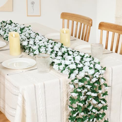 KHOYIME 9 Pack 72 FT Artificial Flower Garland, Fake White Roses Vines Silk Flowers Faux Plastic Outdoor Hanging Floral Ivy Garland Decoration for Wedding Arch Bedroom Home Wall Backdrop Room Decor - color: White, size: 9pcs