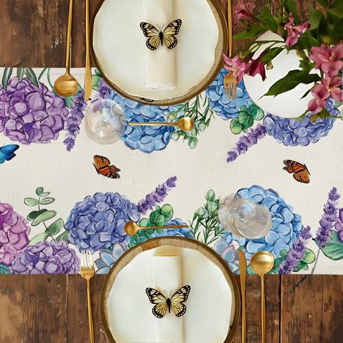 Spring Hydrangea Floral Table Runner Farmhouse Burlap Butterfly Flowers Seasonal Outdoor Summer Home Dining Centerpiece for Home Decor 13x108 Inch - color: Hydrangea, size: 13x108inch