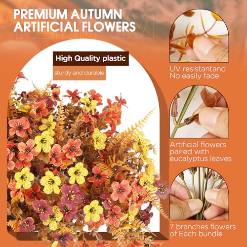 Artificial Fall Flowers for Outdoors,36 Bundles Faux Flowers Outside Fall Plants Realistic UV Resistant for Outdoor Planters Look Real Fake Flowers for Thanksgiving Porch Decor Window box planters - color: Sunset Red ＆brown＆yellow（with Fall Ferns）, size: