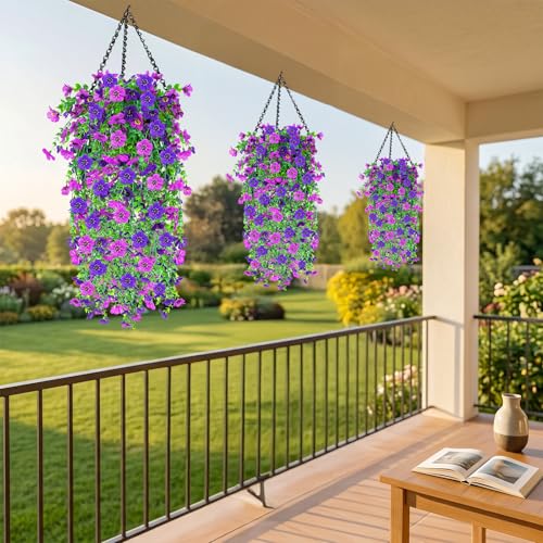 IDEVER Artificial Hanging Flowers for Outdoors Decor Silk Fake Hanging Plants No Fade Realistic Artificial Flowers for Garden Porch Balcony Patio Home Decor(4PCS Light Purple) - color: 4pcs Light Purple