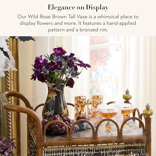 MACKENZIE-CHILDS Tall Enamel Vase, Unique Flower-Vase Decor for Living Room, Wild Rose Brown - color: Brown Wild Rose