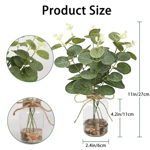 2 Pack Artificial Eucalyptus Stems in Glass Vases, 11" Fake Plants with Faux Water Stones, Small Faux Plants for Kitchen Bathroom Shelf Coffee Table Decor (Blackish Green) - color: Blackish Green