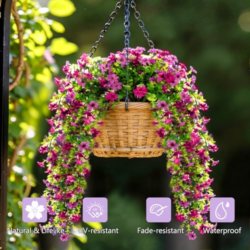CCILAND 2 PCS Artificial Hanging Flowers for Outdoors, Fake Flower Plants UV Resistant Faux Hanging Spring Flowers for Home Porch Garden Patio Yard Decor (Pink and Purple) - color: Pink and Purple