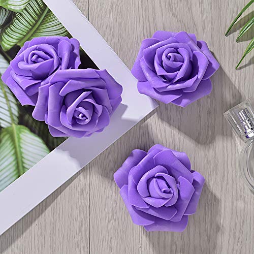 IPOPU Artificial Rose Flower Heads, 100 Pcs Real Looking Purple Foam Fake Roses for DIY Wedding Baby Shower Centerpieces Arrangements Party Tables Home Decorations (Purple 1, Stemless) - color: Purple 100pcs