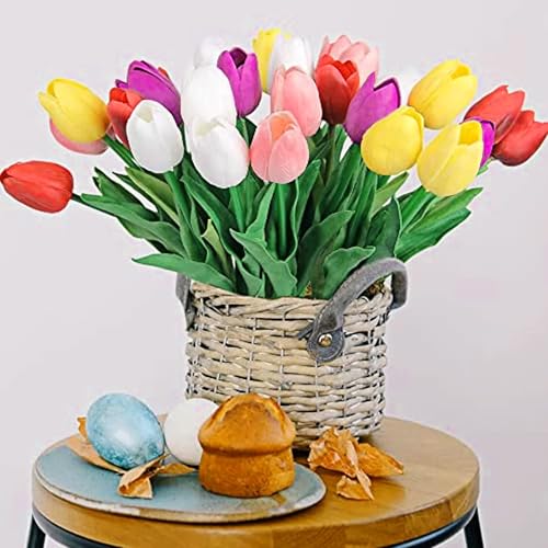 28pcs Multicolor Flowers Artificial Tulip Stems Real Feel PU Tulips for Easter Spring Wreath Wedding Bouquet Centerpiece Floral Arrangement Cemetery Table Décor 13" Tall - color: Multi Color