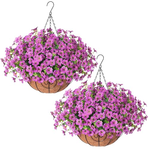 HyeFlora 2 Set Artificial Outdoor Flowers Hanging Basket, Faux Hanging Plants for Outside Spring Decoration, Fake Silk UV Resistant Look Real Daisy for Porch Patio Home Decor - color: Purple