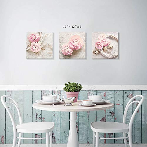 Hardy Gallery Floral Picture Canvas Wall Art: Pink Peony Flower Wreath Photographic Prints for Decor (12”x12”x3pcs) - color: Pink picture, size: 12'' x 12'' x 3 Panels