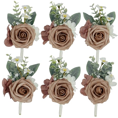 Dusty Rose Boutonniere for Men,Prom boutonnieres,Groom and Groomsmen Boutonniere for Wedding Ceremony Anniversary, Formal Dinner Party and Grad Night (Set of 6) - color: Dusty Rose, size: set of 6