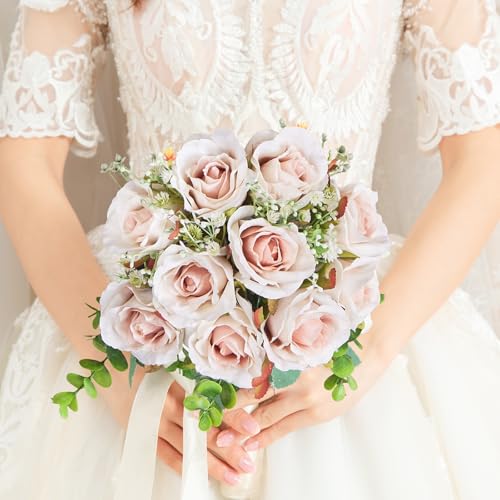 Pink Champagne Roses 10 in, Fake Flowers Wedding Bouquets for Bride, Wedding Silk Artificial Flowers 10pcs for Wedding Party, Ceremony, Anniversary & Home Decor (Come with 3 Styles of 4.5 ft Ribbons) - color: Pink Champagne, size: 10 pcs * 10 inches
