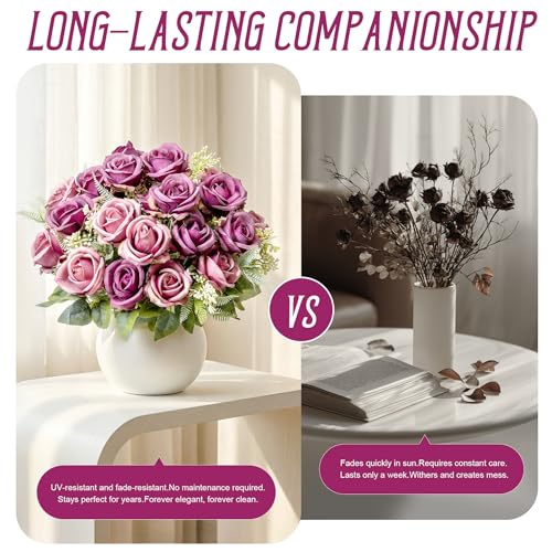 Fake Roses Purple Roses Artificial Roses Silk Roses Artificial Roses with Stems 24 Full Flower Heads Faux Roses for Outdoor Indoor Centerpieces home Wedding Farmhouse Decoration No Vase (4PCS,Purple) - color: Purple 4pcs