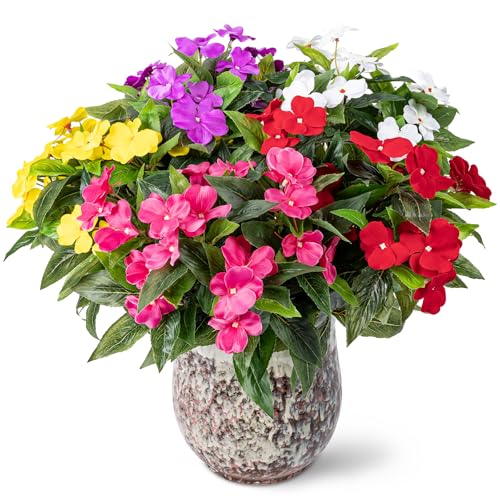Nigirior Artificial Fake Flowers for Outdoor Décor 5 Bundles UV Resistant Fake Plants for Planter Faux Impatiens for Home Porch/Garden Stunning（5 Color） - color: 5 Color