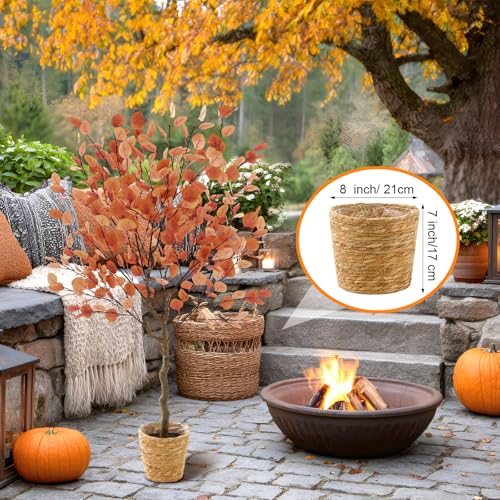 Giegxin 2 Pack 4ft Thanksgiving Day Artificial Eucalyptus Trees with Weaving Plant Baskets Faux Fall Stem with Eucalyptus Leaves Artificial Fall Tree Decor for Thanksgiving Porch Front Home Office - color: Dark Orange, style: Eucalyptus Leaves