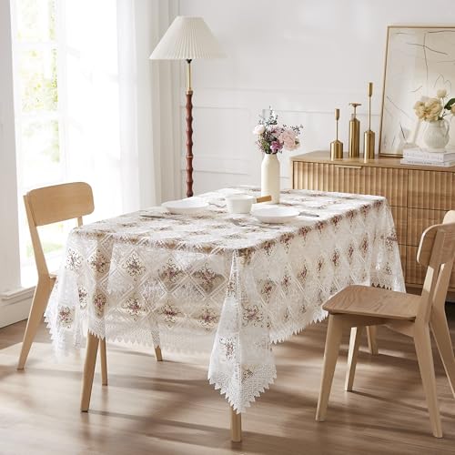 LinenZone White Farmhouse Tablecloth with Colorful Flower Design. 84 Inch Rectangular Tablecloth for Oblong or Oval Table. Macrame Cover for Farmhouse Decor. (Viola 60 x 84, White) - color: White, size: 84" x 60" (Rectangular)