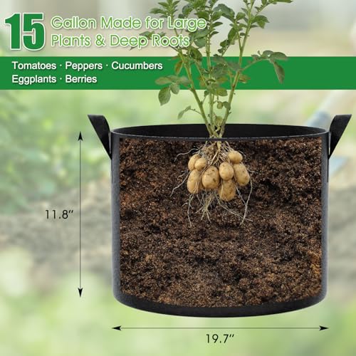 FEED GARDEN 15 Gallon Grow Bags 4 Pack – Heavy Duty 300G Thick Fabric Plant Pots with Reinforced Handles, Breathable Drainage Planters for Tomatoes, Potatoes & Large Vegetables Indoor Outdoor - size: 15 Gallon