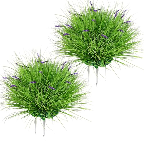 Fake Lavender Flowers with Greenery – 13'' Tall Artificial Lavender Plant, UV Resistant Faux Outdoor Decor for Garden, Patio, Lawn, Planters (2, Green) - color: Green