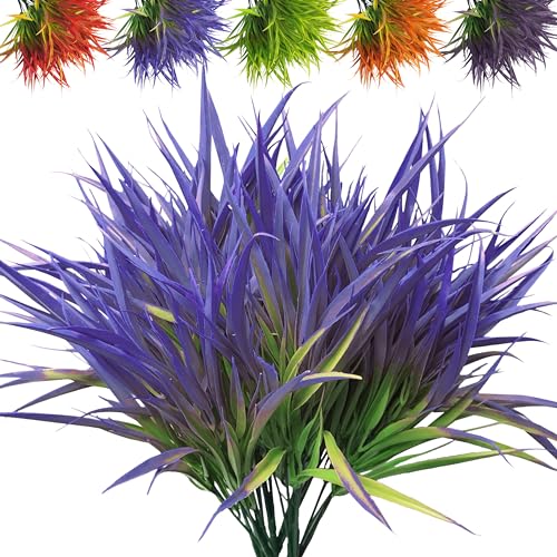Outdoor Artificial Plants 8 Bundles Fake Plants Grass UV Resistant Fake Flowers Bush Greenery,17Inch Tall Faux Grass Shrubs for Home Porch Pathway Garden Décor Outside Indoor (Purple) - color: Purple