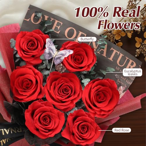 Casaido Preserved Flowers for Delivery, 7 Red Roses Bouquet, Mothers Day Rose Gifts for Women, Valentines Rose Gifts for Mom Wife Girlfriend, Forever Real Flowers for Christmas Birthday Anniversary - color: Red Rose