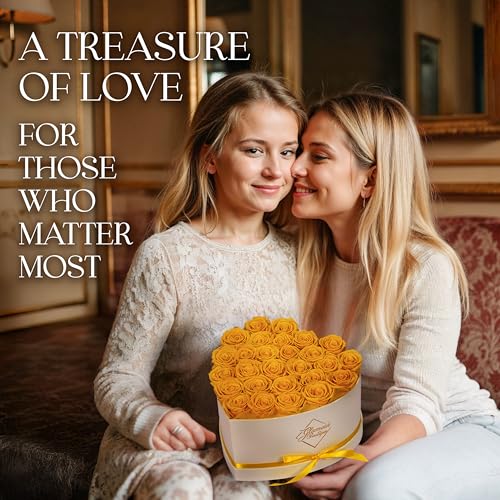 GLAMOUR BOUTIQUE Preserved Roses in a Box - Gifts for Her, Wife & Mom, Rose Flowers Forever Decor for Birthday Gift, Get Well Flower Bouquet Cased in White Box with Cover - Yellow - 27 (Color-Treated) - color: Yellow, size: 27 Roses Heart Box