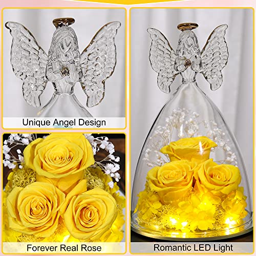 Mothers Day Rose Gifts for Women Preserved Real Flower in Glass Angel Figurines Roses for Delivery Prime Birthday Gifts for Mom Grandma Girlfriend Wife Her, Yellow - color: Yellow