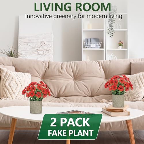 FAVOWREATH 2 Pack Small Fake Plants Potted Artificial Plants Artificial Flowers Potted Faux Flower Daisy with Eucalyptus Leaves for Home Decor Office Room Farmhouse Indoor Table Bathroom Decor（Red） - color: Red