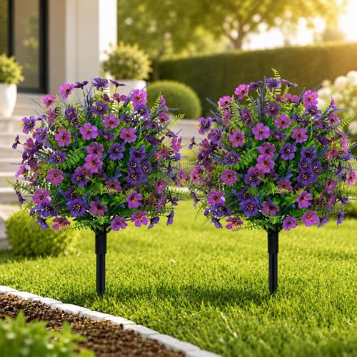 2PACK Artificial Topiary Ball Flowers Boxwood Lavender Plants with Spike,Outdoors Fake Greenery Plants UV Resistant,Plastic Faux Shrubs for Porch Yard Garden Spring Summer D17 - color: Violet Purple