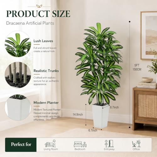 Artificial Dracaena Tree - 5FT Tall Fake Plants with White Tall Planter - Artificial Plants Indoor Floor Plant in Pot - Large Tropical Fake Yucca Potted Tree for Home Office Living Room Decor - color: White, size: 5 FT