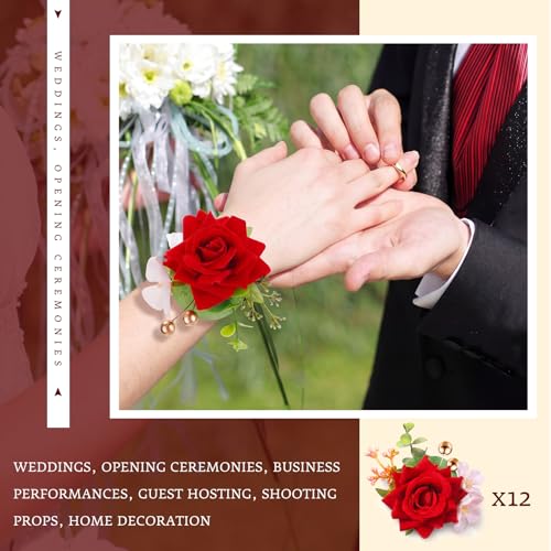 Sherr Red Set of 12 Rose Wrist Corsages for Wedding Corsage Flower Wristlet Floral Wedding Wrist Bridal Rose Leaf Hand Flowers for Bride Bridesmaid Prom Engagement Festival - color: Red