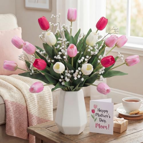 Hotop 30pcs 24 Inch Tulips Artificial Flowers Mother's Day Fake Tulip Fake Baby's Breath Flower Artificial Flower Decorations Bouquet for Home, Wedding, DIY Gift Party(Deep Pink, Light Pink,White) - color: Deep Pink, Light Pink,white