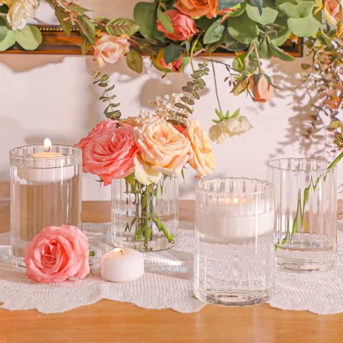 ComSaf Glass Cylinder Vases Pack of 12, Clear Ribbed Bud Vases for Centerpieces Weeding Decoration, 6 inch Tall Clear Flower Vases in Bulk, Hurricane Candle Holder for Party Home Decor - size: 6 Inch Tall (Uniform)