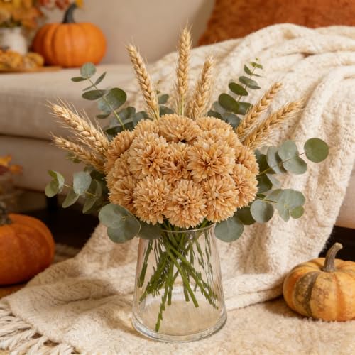 Kimura's Cabin 20Pcs Fake Chrysanthemums Artificial Flowers Faux Silk Mums Flower with Stem Ball Flowers for Wedding Floral Arrangements Fall Home Table Centerpieces Decor Vase Fillers(Champagne) - color: Champagne