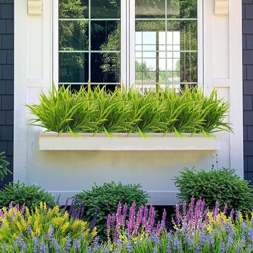 Outdoor Artificial Plants 8 Bundles Fake Plants Grass UV Resistant Fake Flowers Bush Greenery,17Inch Tall Faux Grass Shrubs for Home Porch Pathway Garden Décor Outside Indoor (Green) - color: Green