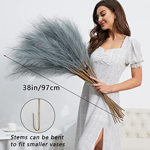 FOTEEWL 8 PCS Faux Pampas Grass Decor 38"/3.1FT Tall Fake Pompas Floral Large Artificial Pompous Grass Branches Plants for Floor Vase Filler Home Boho Decor (Grey) - color: Grey