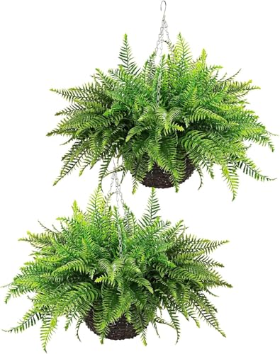 Outdoor Fake Hanging Fern – Artificial Hanging Ferns 2 Pack, Large Faux Boston Fern Bushes, UV Resistant Outdoor Hanging Plants for Front Porch, Patio & Indoor Decor - color: Green