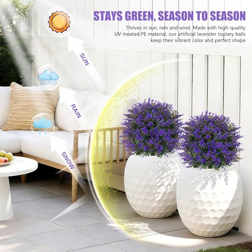 Yangrass Artificial Lavender Boxwood Topiary Ball Trees, 2 Pack Artificial Outdoor Shrubs with Spike, UV Resistant Fake Bushes Plants for Outside Indoors Garden Front Porch - color: Lavender Ball