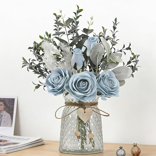 Fake Flowers with Vase Silk Rose Flowers in Vase Eucalyptus Flowers Arrangement Suitable for Home Office Decoration, Dining Table Centerpiece (Rose-Blue) - color: Rose-blue