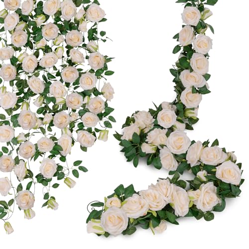 U'Artlines 3 Pack Artificial Champagne Rose Vines Floral Garlands Total 19.5 Ft Fake Vine Silk Flower Garland for Indoor Outdoor Home Wedding Arch Garden Wall Decoration - color: Champagne, size: Set of 3