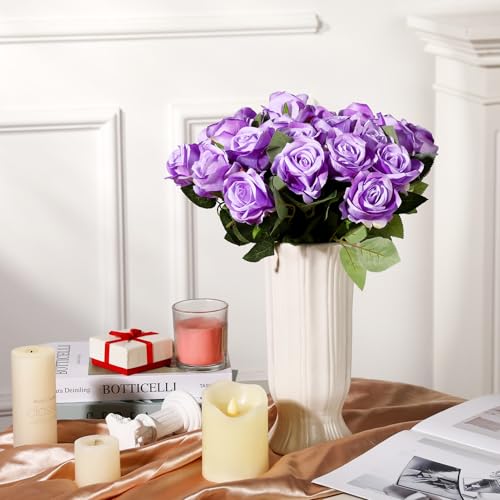 24 Pcs Lavender Rose Artificial Flowers with Long Stem Real Touch Silk Plastic Bouquet Purple Roses Bulk for Wedding Party Table Centerpieces Festival Decorations - color: Lavender