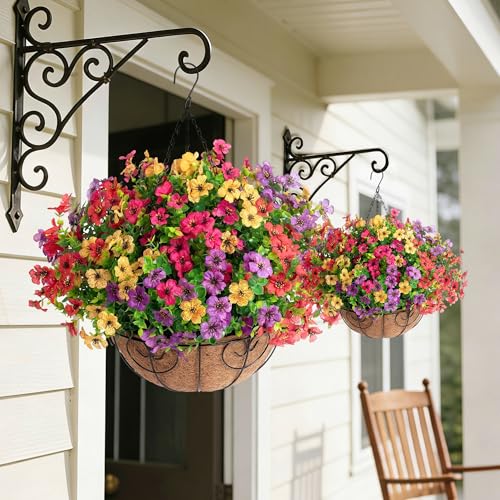 HyeFlora 2 Set Artificial Outdoor Flowers Hanging Basket, Faux Hanging Plants for Outside Spring Decoration, Fake Silk UV Resistant Look Real Daisy for Porch Patio Home Decor - color: 4 Multicolor