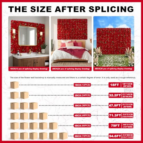 12pcs Artificial Flower Wall Backdrop 16.5x16.5 Inch Bright Red Floral Panel Silk Rose Wall Background Ideal for Wedding Celebrations, Party Backdrops and Elegant Home Decor - color: Bright Red, size: 16.5inch