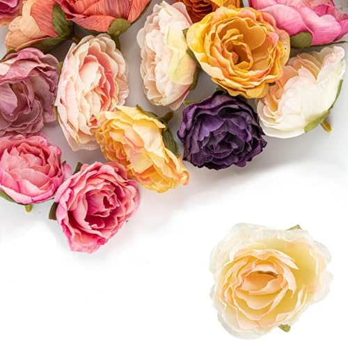 Framendino, 30 Pack Fake Roses Artificial Peony Heads Bulk Small Flowers Head Colorful Mini Peonies Silk Flower for Crafts