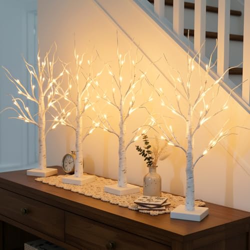 PEIDUO Christmas Decorations for The Home, 2FT BirchTree with LED Lights, Warm White Tree Lamp, Fairy Light Spirit Tree for Room Inside Fireplace Home Decor, Battery Powered, Timer (4PK) - style: 4PK Birch Tree