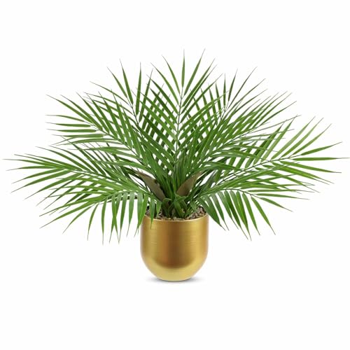 Briful Fake Plant 15.7’’ Artificial Palm Plant in Gold Pot Real Touch Faux Tropical Palm Tree Houseplant for Home Indoor Living Room Tabletop Balcony Decorations - color: 15.7'' Tall Gold