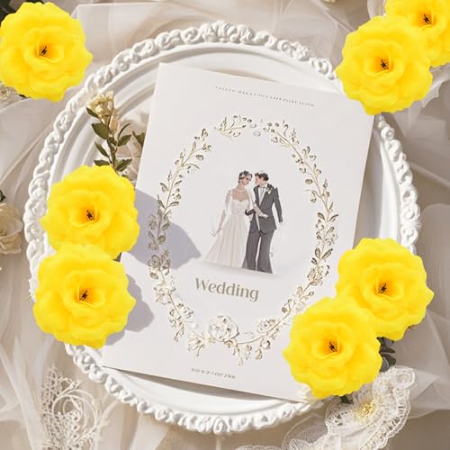 Rose Artificial Flowers, 50Pcs Yellow Roses Head Flowers Bulk with Stem, 3 Inches Silk Rose Fake Flower Head for Wedding Party Home Decor DIY Baby Shower Centerpieces Tables Decoration(Yellow) - color: Yellow
