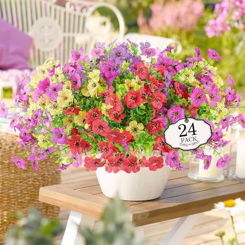 Alotiki 24 Bundles Artificial Flowers for Outdoors Decoration,Faux UV Resistant Violet Flowers with Eucalyptus Leaves,for Porch Outside Indoor Yard Home Patio Decor(24, Multiple Color) - color: Eucalyptus Violet, size: 24P