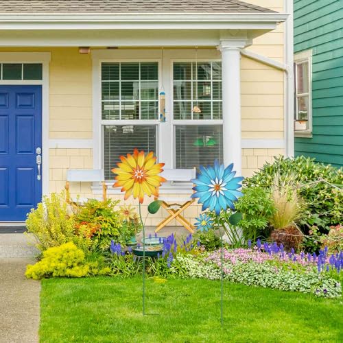 YEAHOME Garden Decor for Outside, 35.4“ Set of 2 Metal Flowers Decorative Garden Stakes for Spring Decor, Yard Art Flower Stakes for Outdoor Lawn Backyard Porch Garden Decorations (Yellow, Blue) - color: Blue,yellow