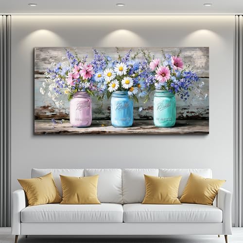 ZUITINGHUA Large Wall Decor For Living Room Canvas Wall Art For Office Modern Wall Decorations For Bedroom Mason Jar Floral Landscape Painting Vintage Pictures Artwork Room Home Decor 24x48 In - color: Vintage Mason Jar Floral, size: 48"L x 24"W