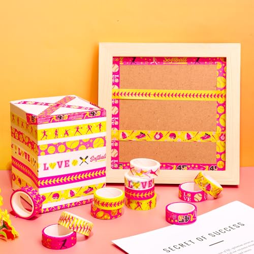 FYSUIMU 12 Rolls Softball Washi Tape Softball Birthday Party Decorations Sports Ball Masking Tape Set Pink Yellow Decorative Wrapping Paper Tapes for Scrapbook Journal DIY Art Crafts - style: Softball